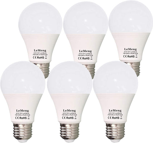 12V LED Light Bulb 7W 630Lm AC/DC 12-24Volt Low Voltage E26 Base (2700K Warm White)40-60 Watt A19 Bulbs Equivalent- Landscape Garden Yard, 12volt Battery Power System Off Grid Solar Lighting- 6 Pack