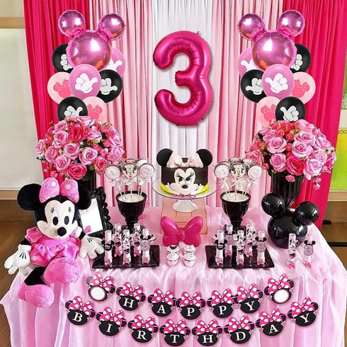 Cartoon Mouse Party Decorations Supplies 3rd Theme Hot Pink Happy Birthday Banner Garland Head Balloons Cake Topper for 3 Year Old Girl