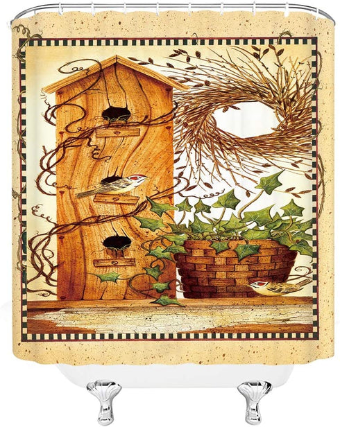 Primitive Shower Curtain Rustic Vintage Birdhouse Bird Bamboo Basket Wreath Vine Plant Country Outhouse Western Cabin Old Farmhouse Fabric Bath Curtains Bathroom Polyester with Plastic Hooks 70x70Inch