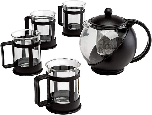 Primula Half Moon Teapot Set with 4 Tea Cups, Removable Infuser, Borosilicate Glass Tea Maker, Stainless Steel Filter, Dishwasher Safe, 40-Ounce, Tea Gift Set, Tea Set for Service of 4 Adults
