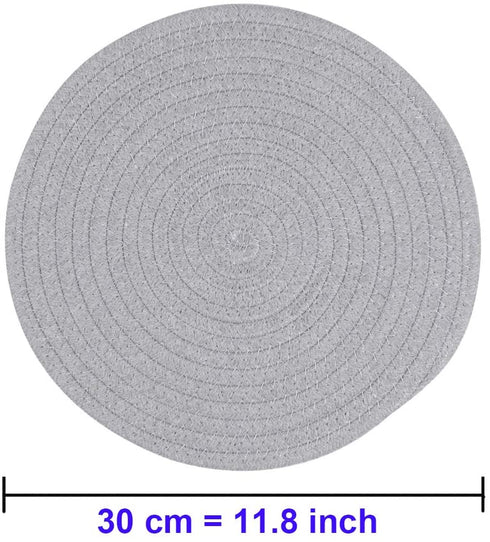SHACOS Round Placemats Set of 4 Heat Resistant Cotton Rope Braided 12 inch Place Mats for Dining Table Thick Fabric Absorbent Table Mats Trivet (Light Gray, 12 Inch)