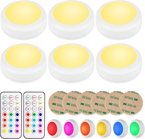 BLS LED Puck Lights with Remote Control, Wireless Under Cabinet Lighting, Battery Powered Lights, Stick on Lights, Color Changing Lights with Dimmer and Timer, AA Battery Operated Closet Light, 6 Pack