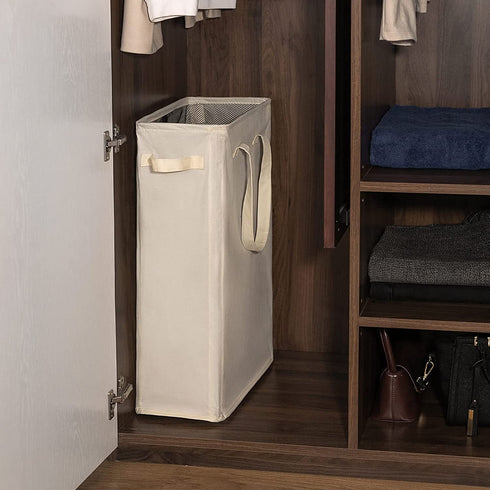 YIFAMIJOY 45L Slim Laundry Hamper Collapsible Thin laundry Baskets with Handles Narrow Dirty Clothes Hamper for Clothing Toys Organization White