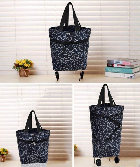 Collapsible Trolley Bags Folding Shopping Bag with Wheels Foldable Shopping Cart Reusable Shopping Bags Grocery Bags Shopping Trolley Bag on Wheels(Black)