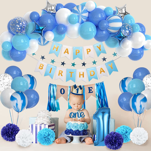 JOYYPOP 1st Birthday Decorations for Boys - Baby 1st Birthday Party Supplies 67PCS with 1st Birthday Baby Crown, ONE Cake Topper, 1st Birthday Highchair Banner Decorations(Blue)
