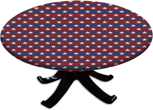 ousente American Flag Fitted Tablecloths, Elastic Edged Polyester Backed Table Cover for 28' Round Tables, Waterproof Wipeable Patriotic Star Cloth 4th of July Holiday Decoration, Red Blue White