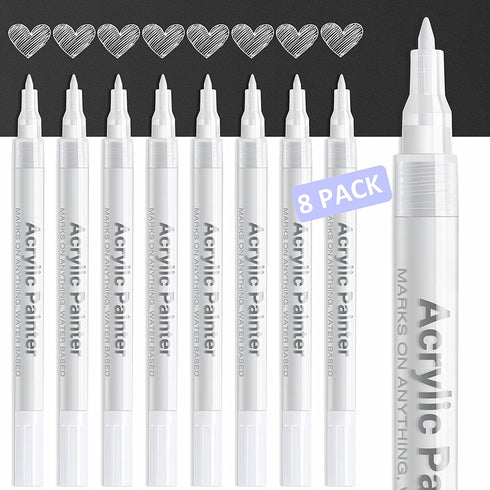 White Paint Pen Acrylic Marker: 8 Pack 0.7mm White Paint Marker for Metal, Art, Wood, Black Paper, Plastic, Ceramic, Metallic, Rock Painting, Drawing, Extra Fine Point, Ideal for Artist & Students