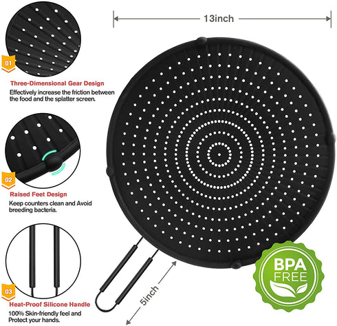 Splatter Screen for Cooking, Splatter Screen for Frying Pan,13? Multi-Use Hot Oil Splash Guard W Fish Scale Rag × 2, Drain Board, Non-Stick, Food Safe & Heat Resistant Universal Pan Cover