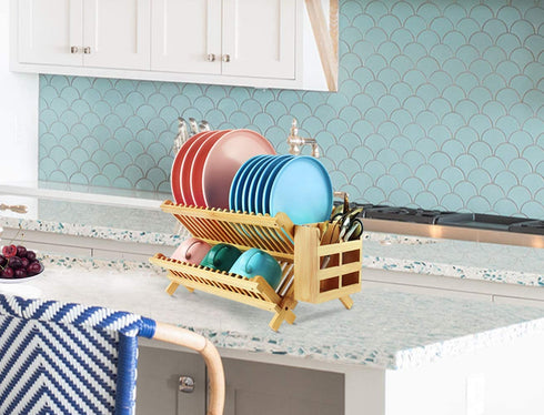 IFELES Bamboo Dish Drying Rack/Utensil Dish Drainer | Collapsible Foldable Dish Drainer | for Big Plates, Cups, Mugs, Utensils | 18 Slits | Eco-Friendly | Large 2-Tier Double Sided
