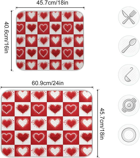Valentine's Day Love Heart Red Buffalo Plaid Dish Drying Mat 18x24 for Kitchen Mother's Day Rose Pink Flowers Dishes Pad Dish Drainer Rack Mats Absorbent Fast Dry Kitchen Accessories