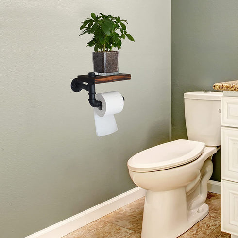 DSDST Toilet Paper Holder with Shelf Rustic Wooden Shelf and Black Iron Pipe Hardware Paper Towel Holder Wall Mount for Bathroom Washroom