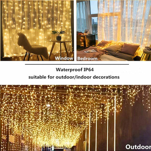 Curtain String Lights, Battery Operated & USB Powered 9.8x6.6Ft 200LED Hanging Christmas Fairy Lights with Timer & Waterproof Function for Outdoor Indoor Bedroom Wall Decor, Warm White