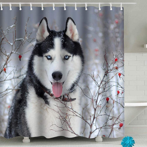 FAITOVE Winter Snow Siberian Husky Dog Shower Curtain Cute Animal Puppy Pets Bath Curtain with Hooks Waterproof Bathroom Decor 72"(W) x 72"(H), Polyester Fabric