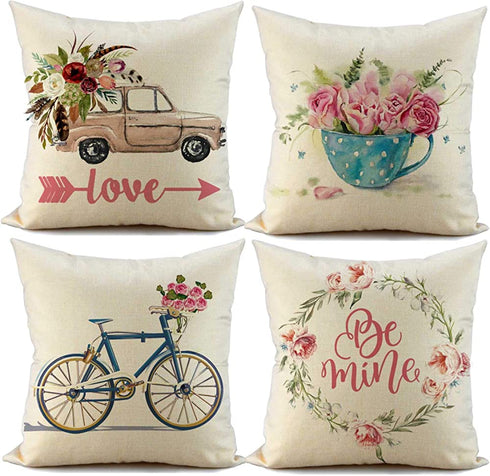 FIBEROMANCE Valentines Pillow Covers 18 x 18 Inch Load of Flower Car Bicyle Be Mine Decorative Cushion Cases Pillow Case for Sofa Couch Bedroom Car Spring Home Decor Cotton Square Pillowcase Set of 4