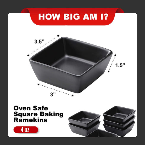 Bruntmor Ceramic Square Baking Ramekins for Souffl©, Cr¨me Brulee, Jams, Dipping Sauces, French Onion Soup Oven Safe, Appetizer Sauce Dipping Bowls, (4 Oz, Set of 6), Black