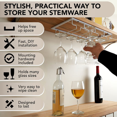Wine Glass Rack Under Cabinet - 4 Row Iron Stemware Rack With A Steel Wine Stopper - Our Wine Glass Hanger Holds Wine, Brandy, Margarita, Martini Glasses & More - 1 Rack, White