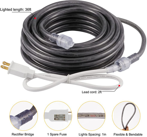 36Ft Rice Rope Lights, Outdoor Christmas Lights Plug-in, Connectable and Cuttable Commercial Grade Warm Rope Lights with Screws and Clamps, for Balcony Roof Porch Indoor Outdoor Christmas Decoration