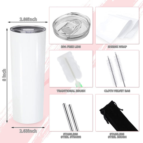 20oz Sublimation Skinny Tumbler Sets White Blank with Lids Straws for Heat Transfer Stainless Steel Double Wall Insulated Skinny Tumbler Vacuum DIY Gift Brush Shrink Film 2 Pack