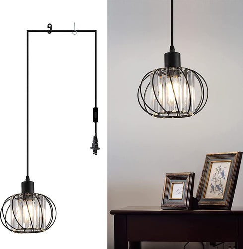 KAERDI Crystal Plug in Pendant Light Hanging Plug in lamp Mini Chandelier Swag Lights Cage Industrial Fixtures for Dining Room Bedroom Foyer Hallway Kitchen Island, Black