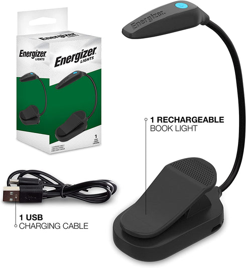 Energizer Rechargeable LED Book Light, Bright LED Clip Light for Reading in Bed, Compact with Flexible Neck, Great Clip On Reading Light (USB Cable Included)