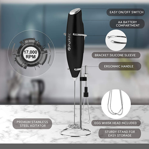 Purkitc Milk Frother Coffee Frother With Detachable Electric Whisk And Extra Eggbeater Head Handheld Drink Mixer For Coffee Matcha Hot Chocolate High Powered Low Noise With Stand Included
