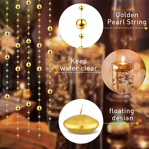 Artificial Pearl String for Floating Candles,12 Unscented Floating Candles for Centerpiece,33 Feet Faux Pearl Filler Vase Filling for Wedding Dinning Table Holiday Party Pool Christmas Decor (Gold)