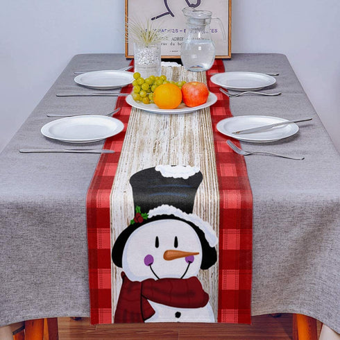 Greeeen Cotton Linen Table Runner, Kitchen Table Runners for Family Dinner, Banquet, Parties and Celebrations, Cute Christmas Snowman on Rustic Wooden Board Table Decor, 13 x 120 inch