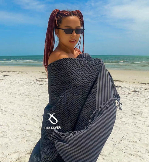 Ray Silver Premium Turkish Beach Towel 100% Cotton-Quick Dry Turkish Bath Towel 71?x40?(100x180 cm)-Prewashed Peshtemal Blanket-Thin Light Weight Travel SPA Pool Bath Beach Gym Pool (Black/Grey)