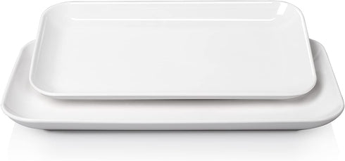 Dizada Large Serving Platter Set - 14/16 inch White Rectangular Dessert Plate/Salad Plates - Serving Trays for Parties, Sushi, Oven Safe Dinnerware Set of 2, White