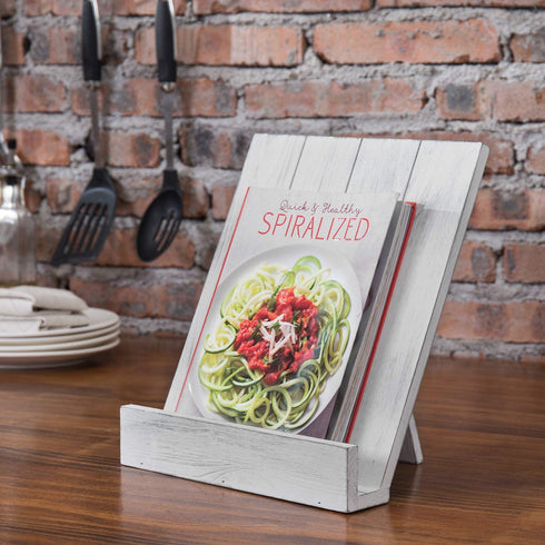 MyGift Vintage White Wood Cookbook Stand - Recipe Binder Reading Book Display and iPad Tablet Easel with Front Panel Page Holder and Kickstand