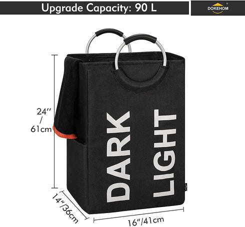 DOKEHOM 90L X-Large Linen Double Laundry Hamper, Collapsible Washing Basket, Foldable Clothes Bag - Durable and Easy to Clean (Black)