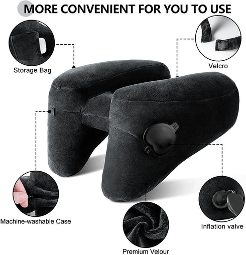 Neck Pillow Inflatable Travel Pillow Comfortably Supports The Head, Neck and Chin, Airplane Pillow with Soft Velour Cover, Hat, Portable Drawstring Bag, 3D Eye Mask and Earplugs (Black)