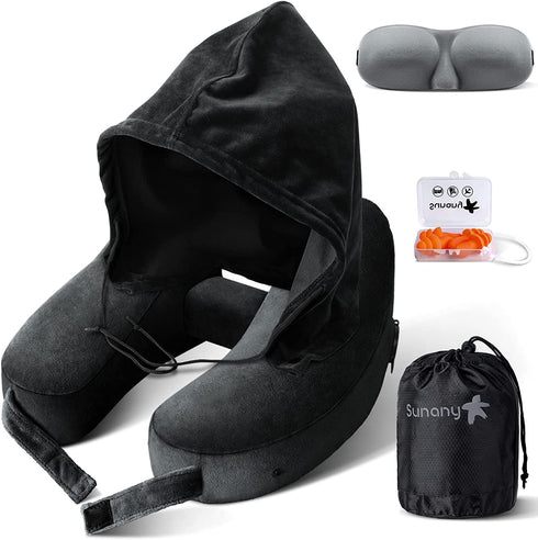 Neck Pillow Inflatable Travel Pillow Comfortably Supports The Head, Neck and Chin, Airplane Pillow with Soft Velour Cover, Hat, Portable Drawstring Bag, 3D Eye Mask and Earplugs (Black)