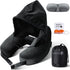 Neck Pillow Inflatable Travel Pillow Comfortably Supports The Head, Neck and Chin, Airplane Pillow with Soft Velour Cover, Hat, Portable Drawstring Bag, 3D Eye Mask and Earplugs (Black)