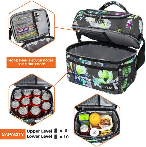 opux Insulated Dual Compartment Lunch Bag for Women, Ladies | Double Deck Reusable Lunch Box Cooler with Shoulder Strap, Leakproof Liner | Medium Lunch Pail for School, Work, Office (Floral Grey)