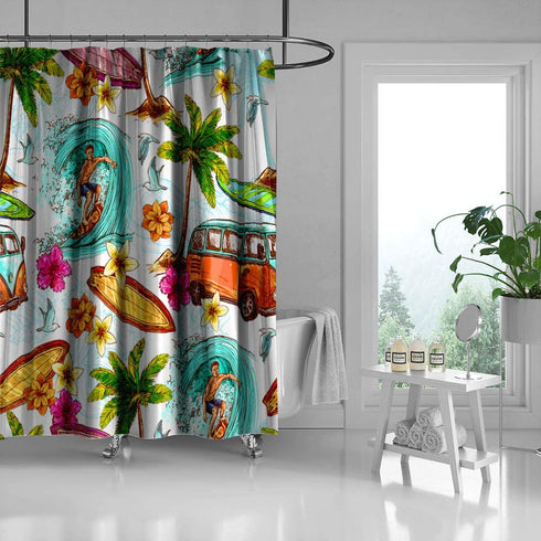 Summer Shower Curtain Beach Palm Tree Surfboard Surf Camping, Cloth Fabric Shower Curtain for Bathroom with Hooks, 71X 71 in