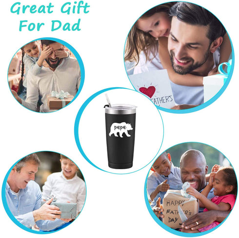 Gingprous Papa Bear Travel Tumbler Gifts for Men, Best Dad Papa Birthday Gifts for New Dad, Dad to Be, Father's Day Christmas Xmas Present, Stainless Steel Travel Tumbler with 2 Lids(20 Oz, Black)