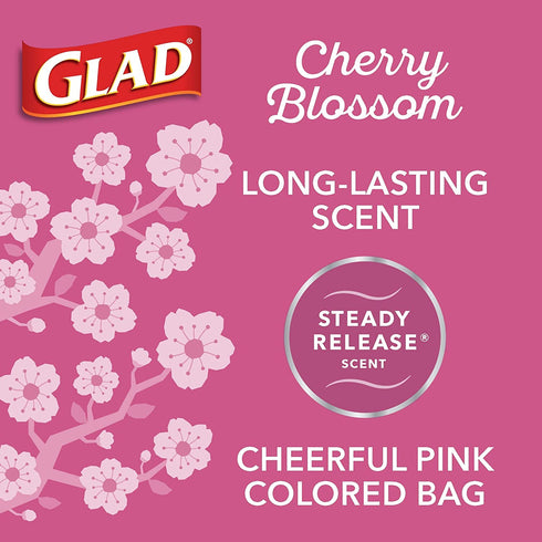 GLAD Protection Series ForceFlex Plus Drawstring Cherry Blossom Odor Shield, Pink, 13 Gallon, 90 Count