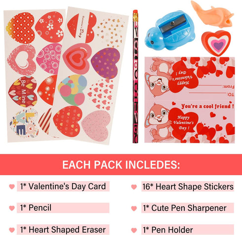 Valentines Day Gifts for Kids Classroom - 28 Packs Super Value Valentines Stationery Kit, Valentines Cards, Valentines Pencils, Erasers, Pen Sharpeners,Pen Holders,Valentine Exchange Party Favors Toys