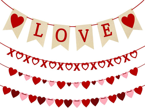4Pcs Valentines Day Decorations Valentine's Day Decor Set Felt Love Heart XO Garlands Banner for Engagement Wedding Party Home Classroom Office, No DIY Required