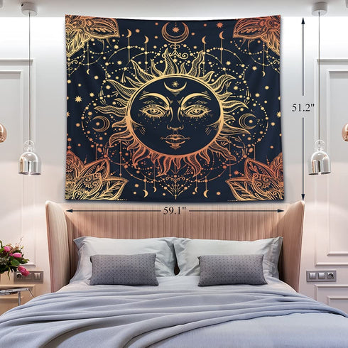 Sun and Moon Tapestry + 6 Fake Ivy Vines + 32.8ft LED String Lights, Wall Hanging Tapestry Psychedelic Aesthetic Home Decor for Bedroom Living Room Home Dorm Christmas Wall Decor, Black Gold