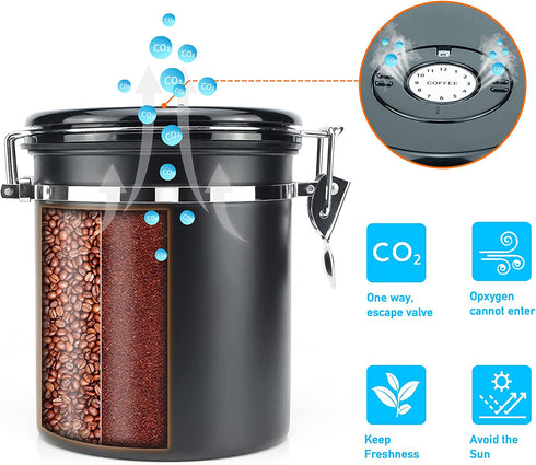 Miscedence Coffee canister for ground coffee with Date Tracker,One Way Co2 Valve #304 Stainless Steel Kitchen Food Airtight storage container for Coffee Beans or Grounds, Tea, Sugar (Black, 22 OZ)
