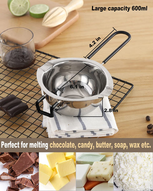 2 Pack Double Boiler Pot Set Stainless Steel Melting Pot with Silicone Spatula for Melting Chocolate, Soap, Wax, Candle Making (600ml and 1600ml)