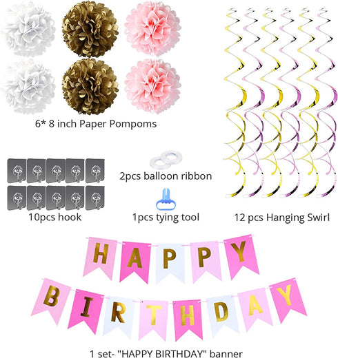 Archome 64pcs Pink Party/Birthday Decorations For Princess Decorations/Birthday Decorations For Grils/Women