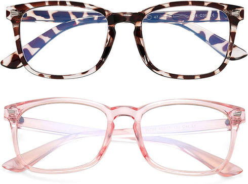 AZorb 2Pack Blue Light Blocking Glasses for Kids Unbreakable Computer Screen Glasses for Boys & Girls - 2 Pack(Transparent Pink+ Leopard)