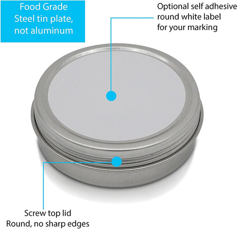 SimbaLux Screw Top Round Steel Tin Cans 2 oz (60ml) with Self Adhesive White Round Stickers, 24 Pack