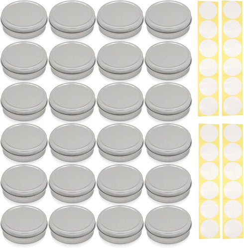 SimbaLux Screw Top Round Steel Tin Cans 2 oz (60ml) with Self Adhesive White Round Stickers, 24 Pack