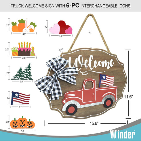 Winder Truck Welcome Sign for Front Door Red Truck Decor with 6-PC Interchangeable Seasonal Icons Farmhouse Wooden Wall Hanging for Birthday Halloween Christmas Holiday Hanger Decorations(Natural Red Truck)