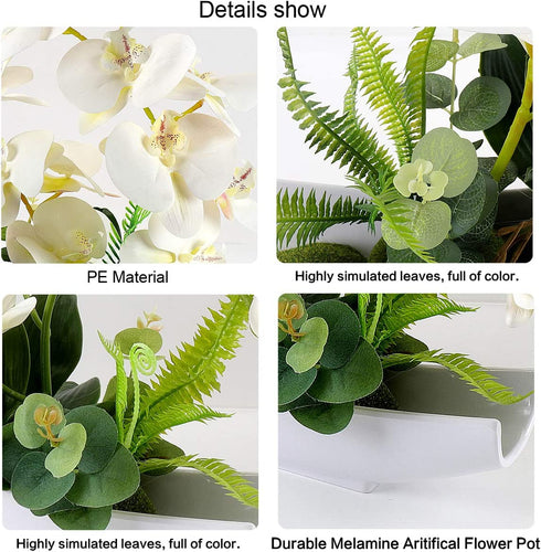 YOBANSA Orchid Bonsai Artificial Flowers with Imitation Porcelain Flower Pots Phalaenopsis Fake Flowers Arrangements for Home Decoration (White 1)