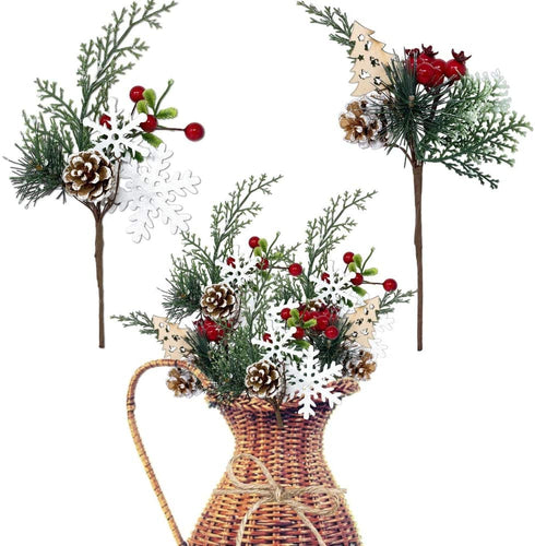 BANBERRY DESIGNS Woodsy Floral Picks Set of 10 Snow Tip Pinecone Red Berries Sprays Wooden Embellishments DIY for Christmas Garlands Wreaths Flower Arrangements Rustic Home Décor